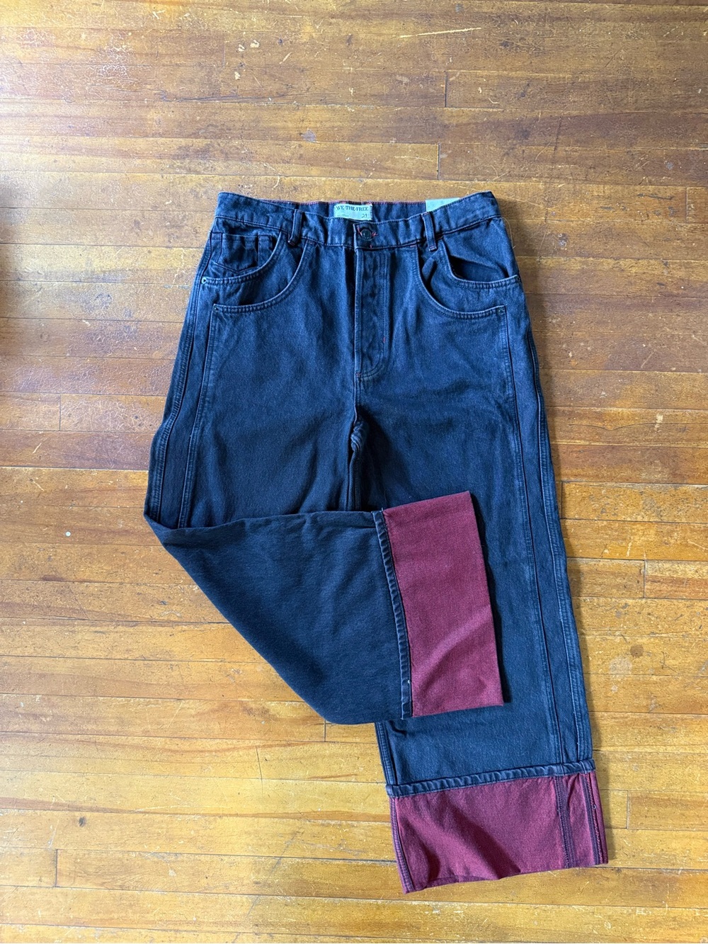 NWT Free People Final Countdown Black Wide-Leg Baggy Jeans with Red Cuff - Picture 6 of 10